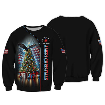 3D Full Print Christmas Tree With American Eagle T-Shirts Personalized Name Gift For American Lovers