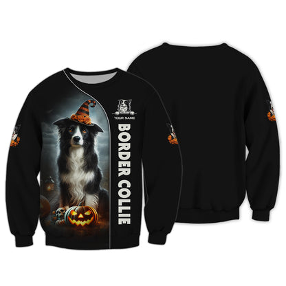 Camiseta personalizada con nombre en 3D de Border Collie. Regalo de feliz Halloween para amantes de los perros