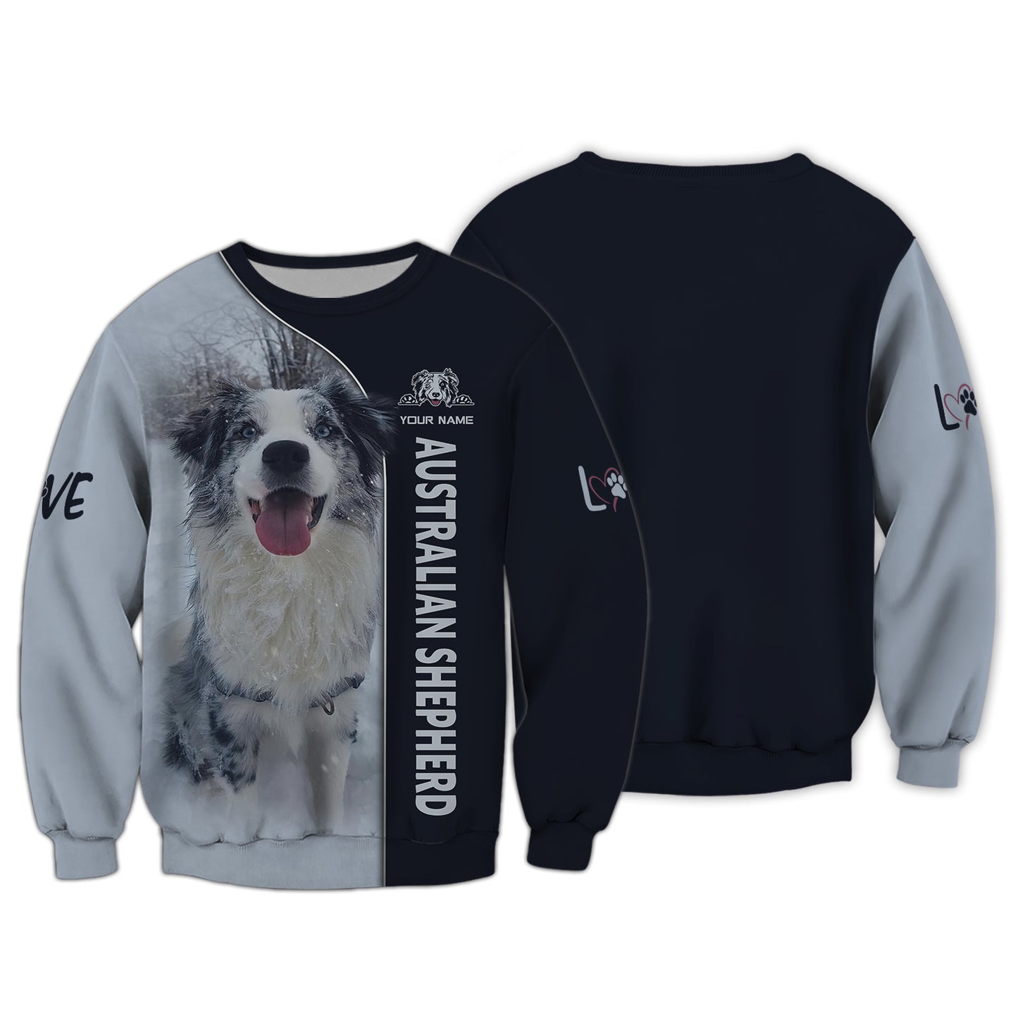 Sweat à capuche zippé 3D avec nom personnalisé de berger australien, cadeau pour les amoureux des chiens