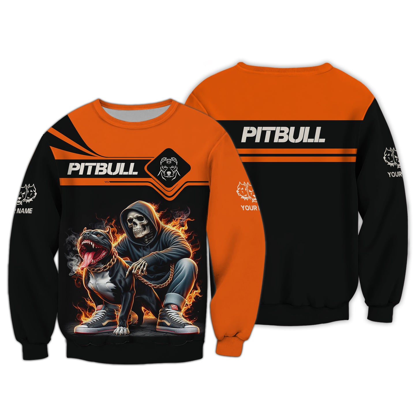 T-shirt personnalisé avec nom Pitbull avec crâne de feu, cadeau pour les amoureux des chiens, chemises 3D