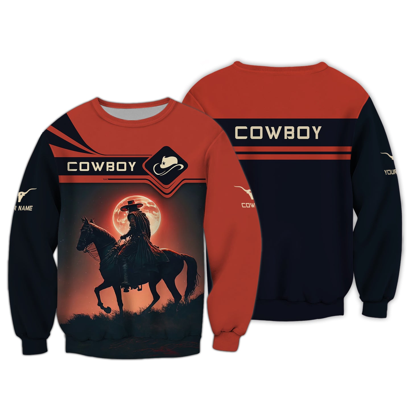 3D Full Print Cowboy With Red Moon Zipper Hoodie Personalized Name Gift For Cowboy Lovers