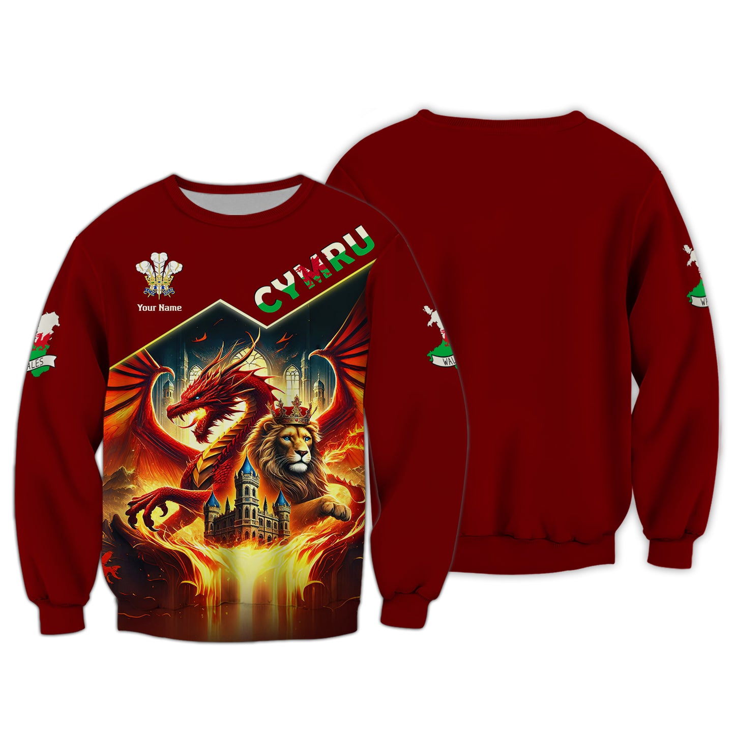 T-shirt imprimé en 3D avec dragon et roi lion du pays de Galles, nom personnalisé Gif pour les amoureux du pays de Galles