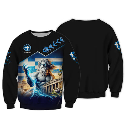 Sweat à capuche zippé 3D imprimé Zeus Grèce avec nom personnalisé, cadeau pour les amoureux grecs