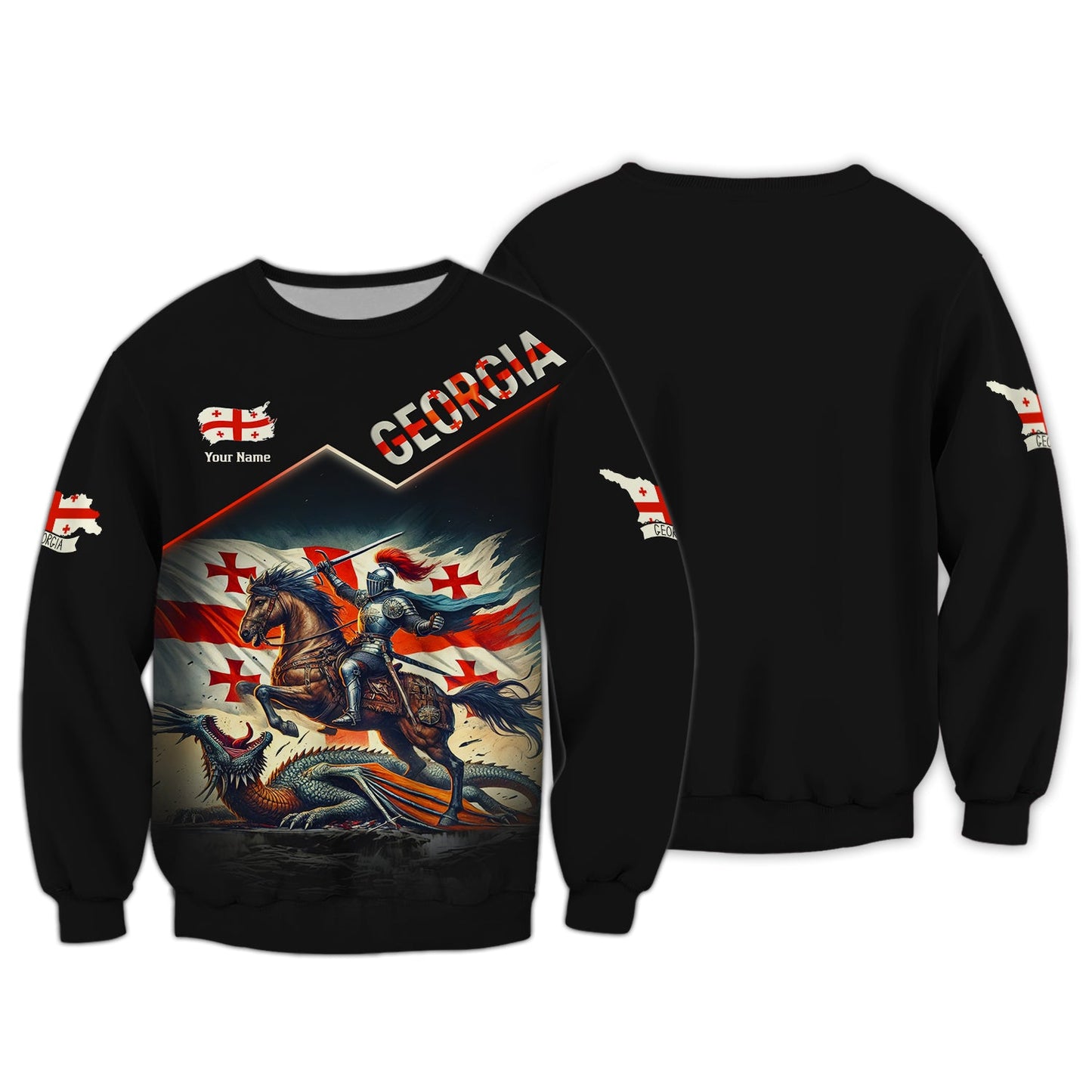 Sudadera con capucha personalizada con cremallera 3D y nombre de caballero con dragón de Georgia, regalo personalizado para los amantes de Gruzia