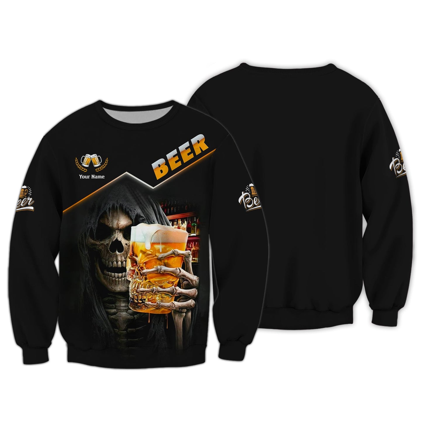 Sudadera con capucha y cremallera 3D con nombre personalizado y taza de calavera de cerveza, regalo para amantes de la cerveza