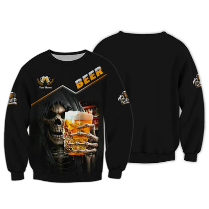 Beer Skull Cup Personalized Name 3D Zipper Hoodie Gift For Beer Lovers