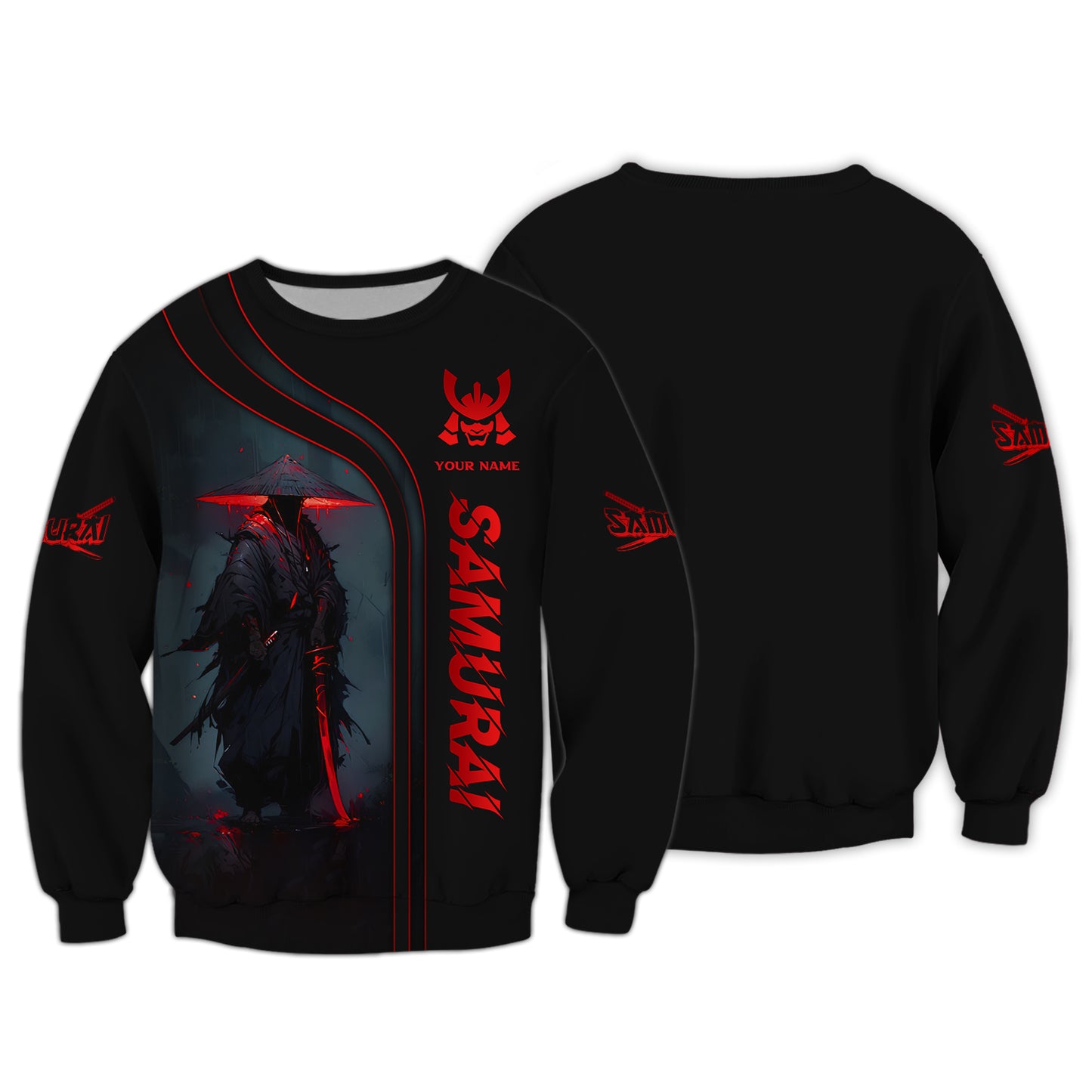 Camiseta personalizada con nombre en 3D de samurái con luz negra y roja, regalo personalizado para amantes de los samuráis