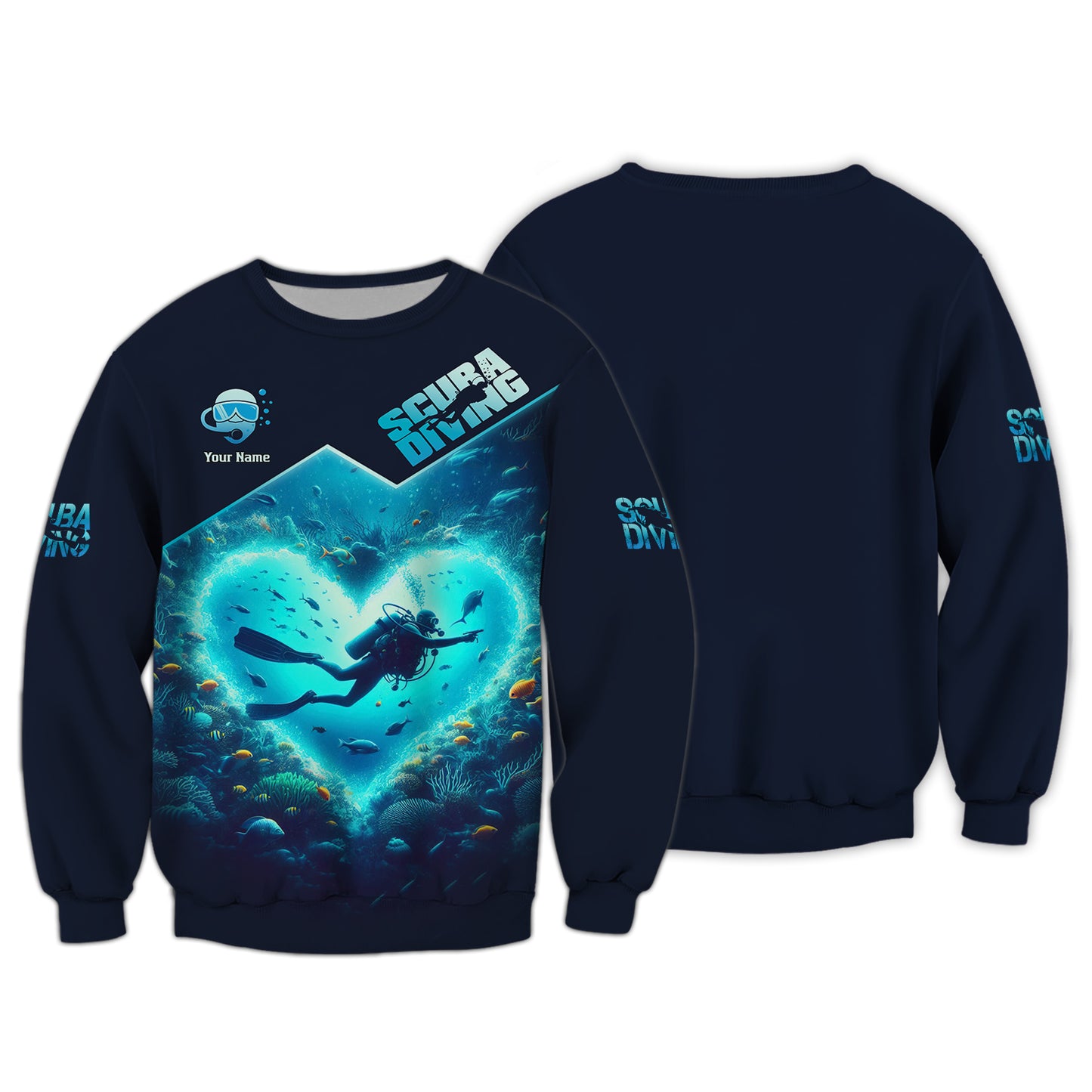 Camiseta personalizada con nombre en 3D y corazón de buceo, regalo personalizado para amantes del buceo