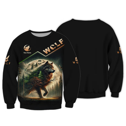 Camiseta personalizada con el espíritu del lobo del bosque con impresión 3D completa, regalo con nombre para amantes de los lobos