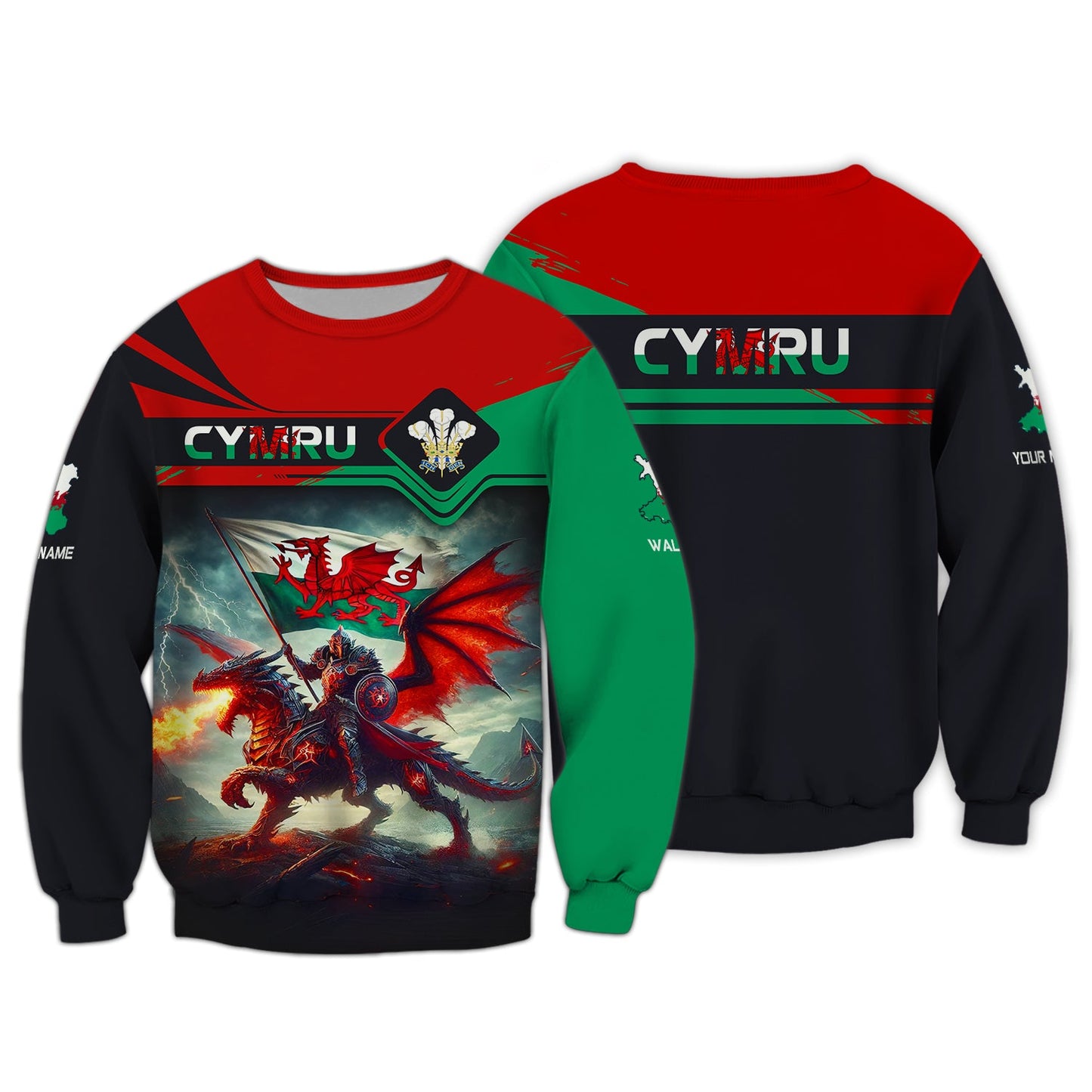 Sweat à capuche zippé 3D avec nom personnalisé Chevalier avec dragon du Pays de Galles Cadeau personnalisé pour les amoureux de CYMRU