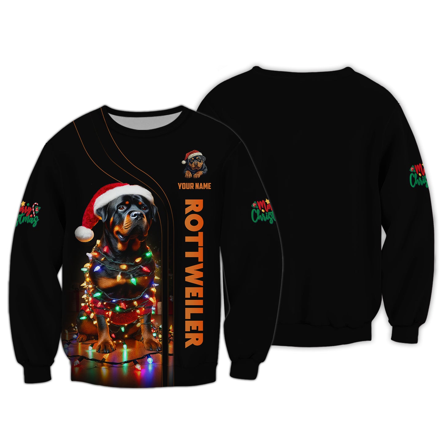 Mery Christmas Custom Name 3D T-Shirts Rottweiler With Christmas Lights Shirt