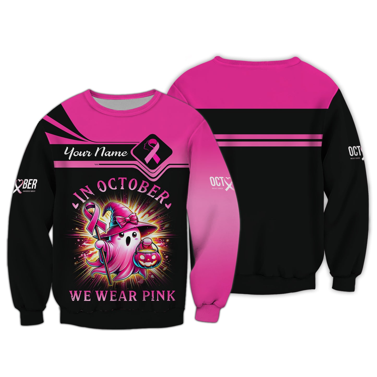 Impression 3D complète En octobre, nous portons un sweat à capuche zippé rose Cadeau personnalisé avec nom pour un survivant du cancer