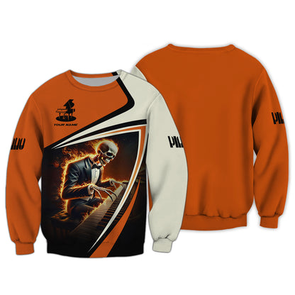 Sudadera con capucha y cremallera con estampado 3D de calavera de fuego y piano, regalo personalizado con nombre para amantes del piano