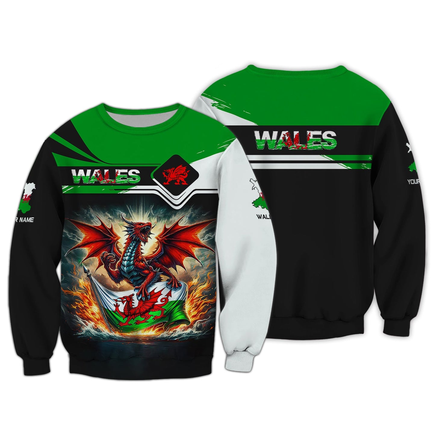 Camiseta personalizada con dragón rojo y bandera de Gales, sudadera con capucha y cremallera 3D con nombre personalizado, regalo para amantes de Gales