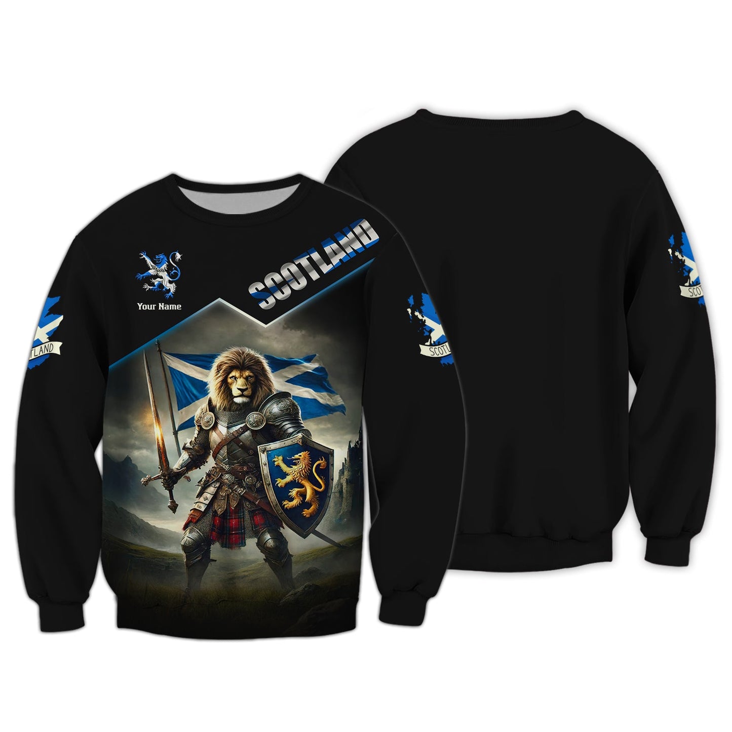 Sweat à capuche avec fermeture éclair 3D avec nom personnalisé Lion Knight, cadeau personnalisé pour les amoureux de l'Écosse