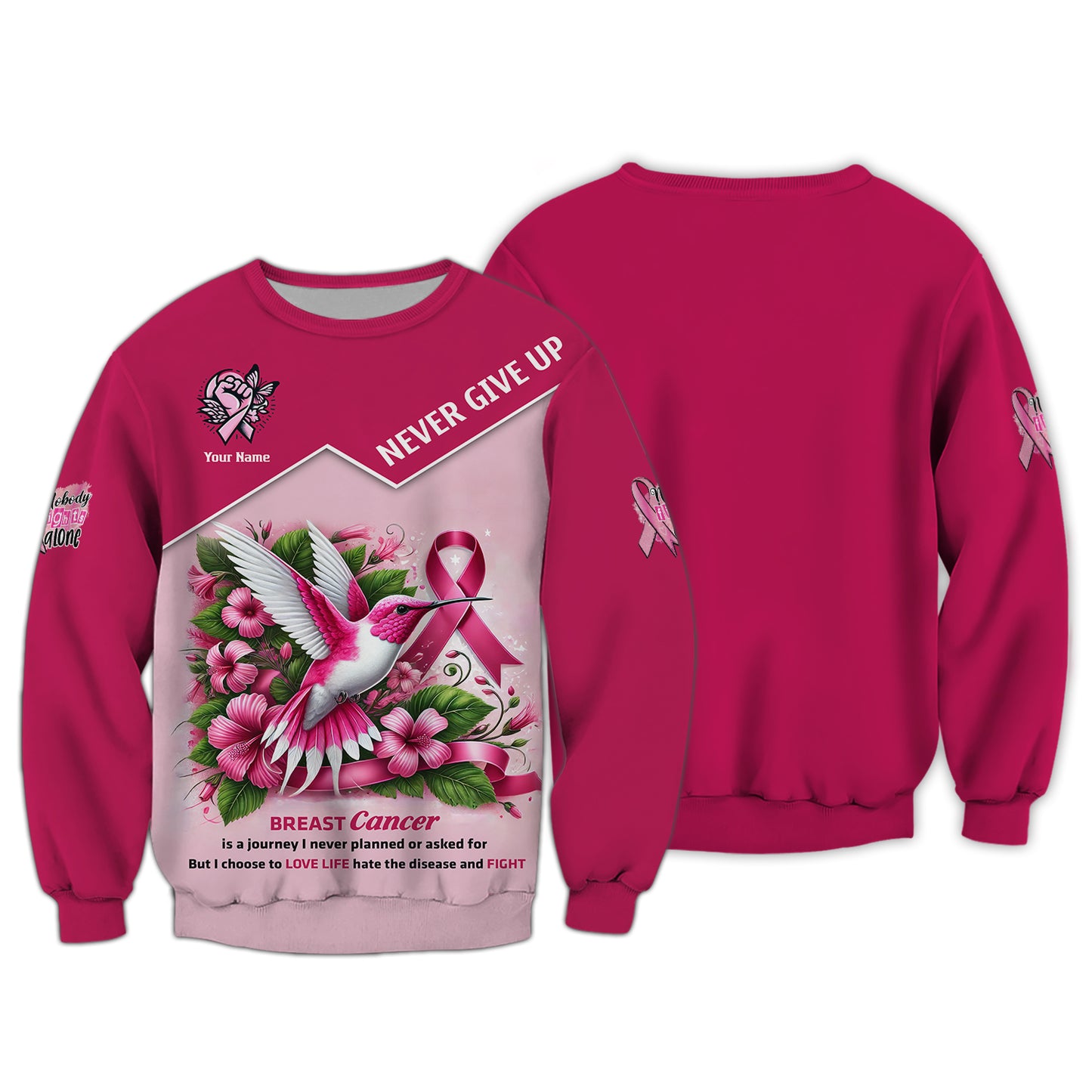 Sudadera con capucha y cremallera con nombre personalizado para concienciar sobre el cáncer de mama. Nunca te rindas. Regalo para sobrevivientes de cáncer