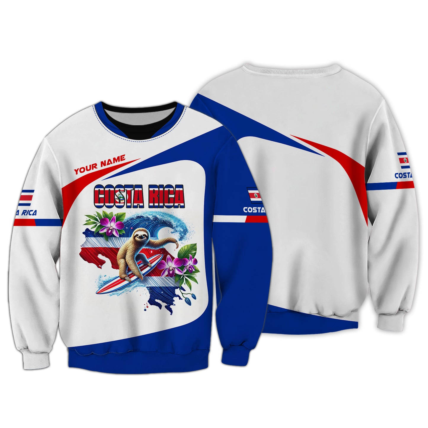 Custom Name 3D T-Shirts Sloth Surfing With Costa Rica Map Shirt Gift For Costa Rica Lovers