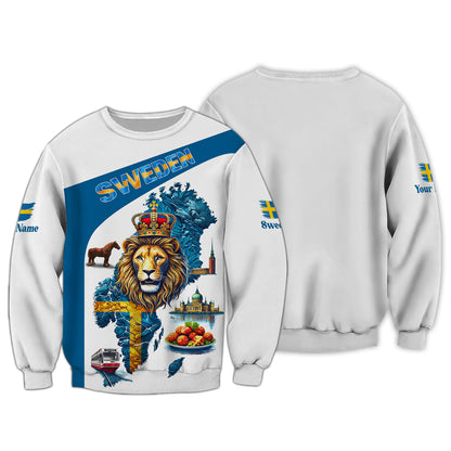 Sudadera con capucha y cremallera con mapa de Suecia e impresión completa en 3D de El Rey León, regalo con nombre personalizado para amantes suecos