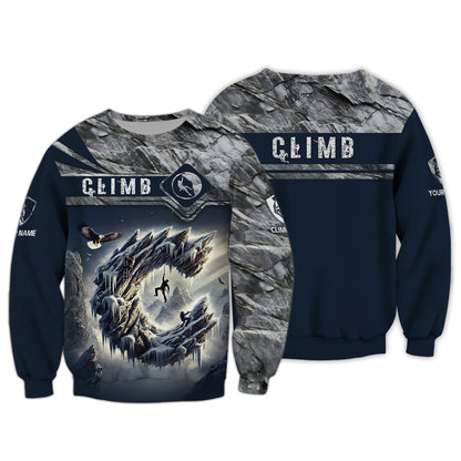 Camiseta personalizada con nombre en 3D "Climb The Ice Mountain" Regalo personalizado para amantes de la escalada