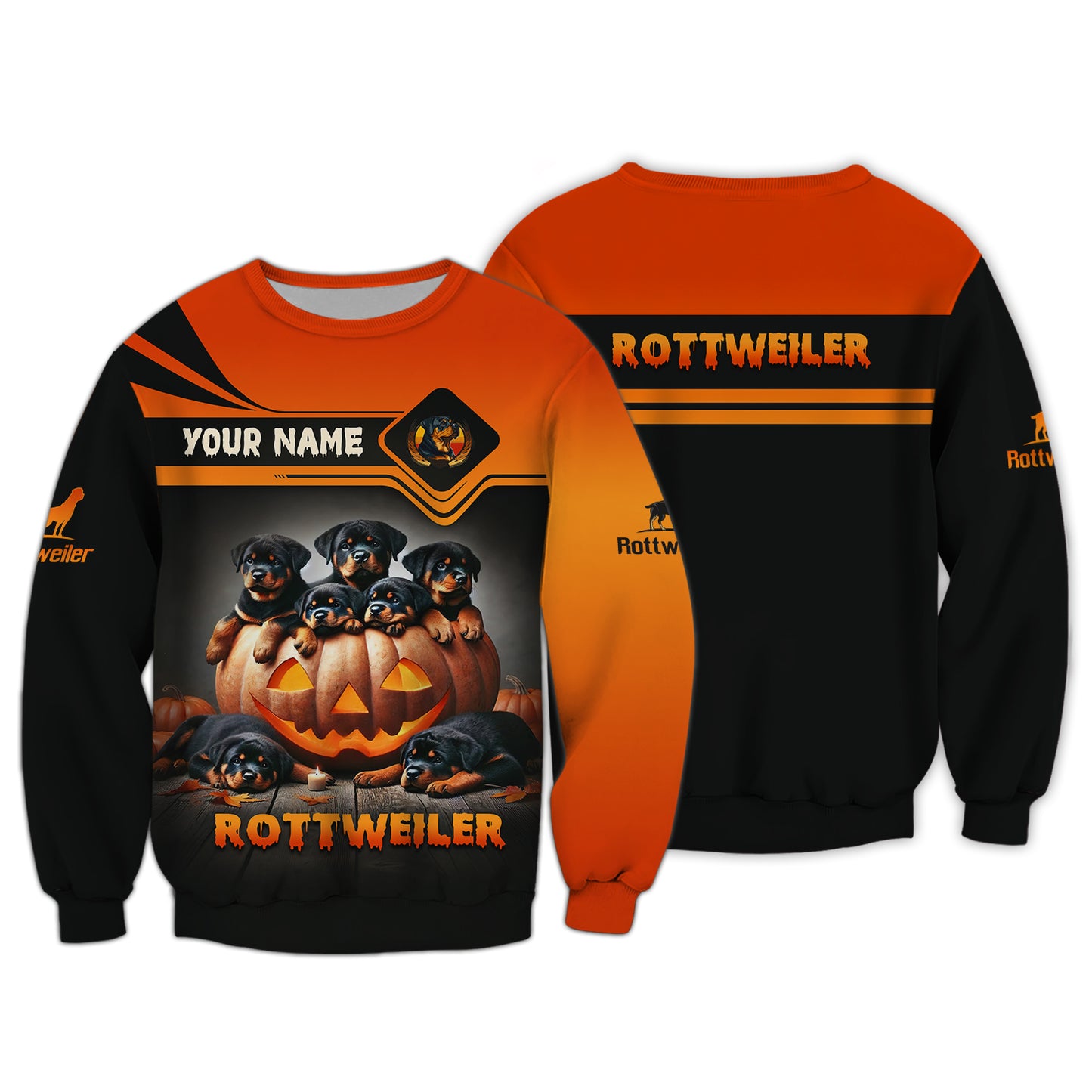 Happy Halloween Custom Name 3D T-Shirts Rottweilers With Pumpkin Halloween Shirt