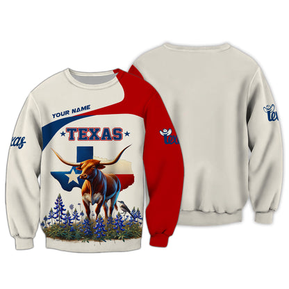 Camiseta personalizada con nombre en 3D de Texas Longhorn y Mockingbird con mapa de Texas, regalo personalizado para amantes de Texas