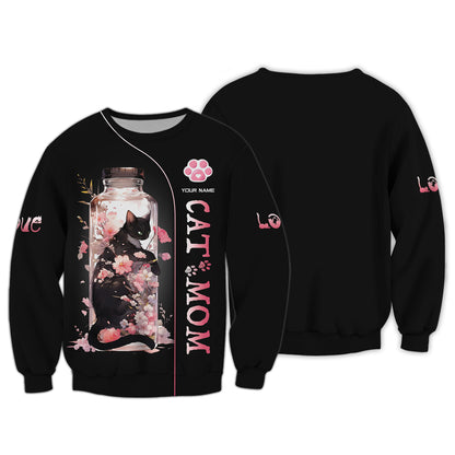 Sudadera con capucha y cremallera 3D con nombre personalizado de gato negro en un frasco de flores de cerezo para amantes de los gatos