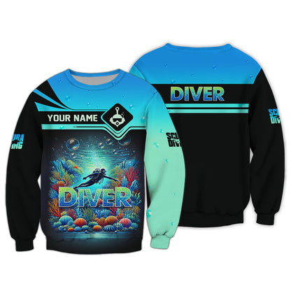 Camiseta personalizada con nombre en 3D para amantes del buceo y la exploración del océano