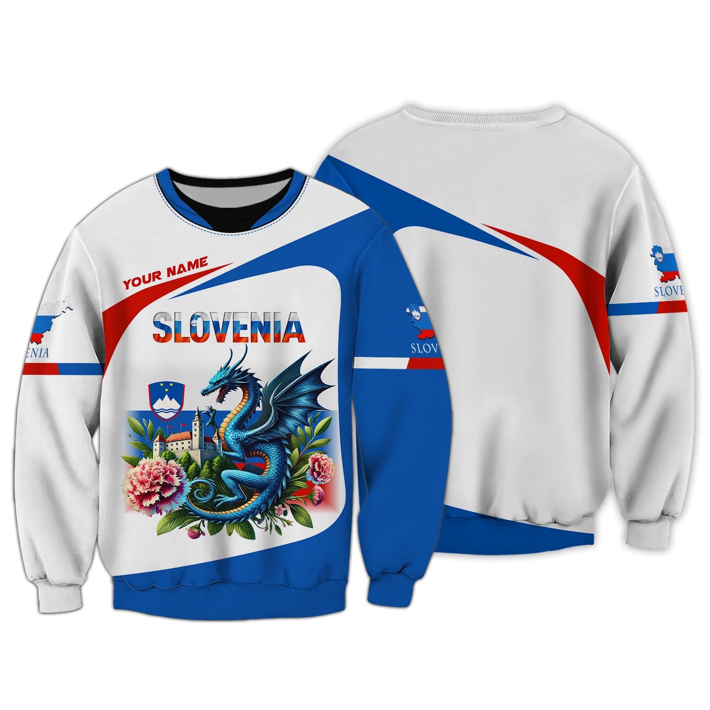 Sudadera con capucha y cremallera con estampado 3D de dragón con claveles de Eslovenia, regalo personalizado con nombre para amantes de Eslovenia