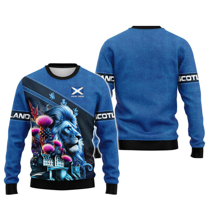 Sudadera con capucha y cremallera 3D con nombre personalizado de El león con cardo de Escocia, regalo personalizado para amantes de los escoceses