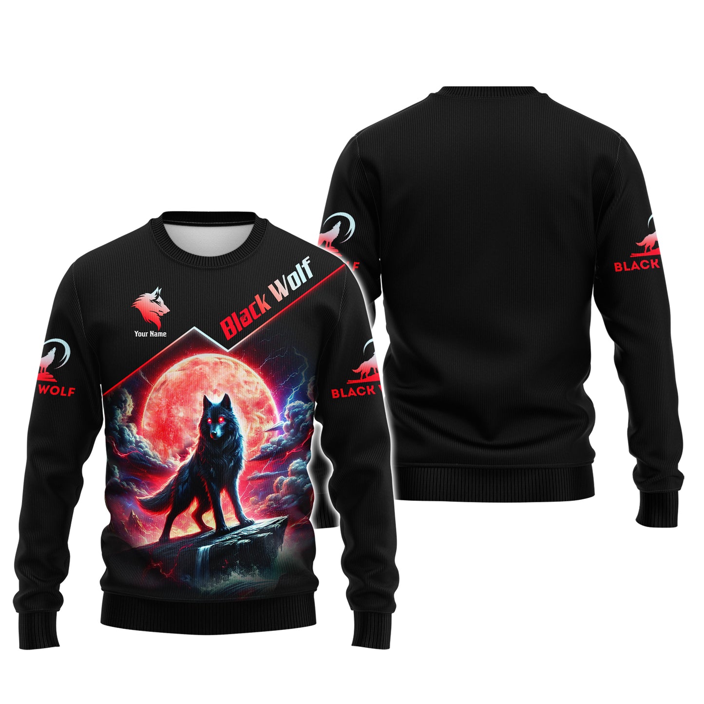 T-shirt imprimé 3D avec loup noir et lune rouge, cadeau personnalisé pour les amoureux des loups