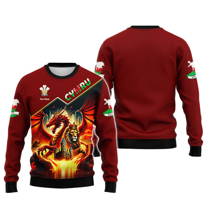 3D Full Print Dragon With Lion King Of Wales Shirt Personalized Name Gif For Welsh Lovers