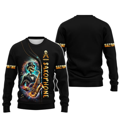 T-shirts personnalisés d'artiste squelette jouant du saxophone T-shirt 3D Saxophone Cadeau pour les amateurs de saxophone