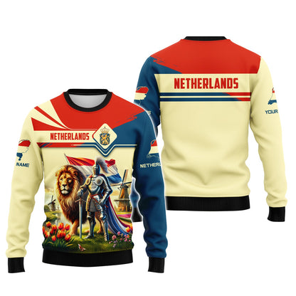 Sudadera con capucha y cremallera 3D con nombre personalizado de caballero holandés con león, regalo personalizado para amantes de los Países Bajos