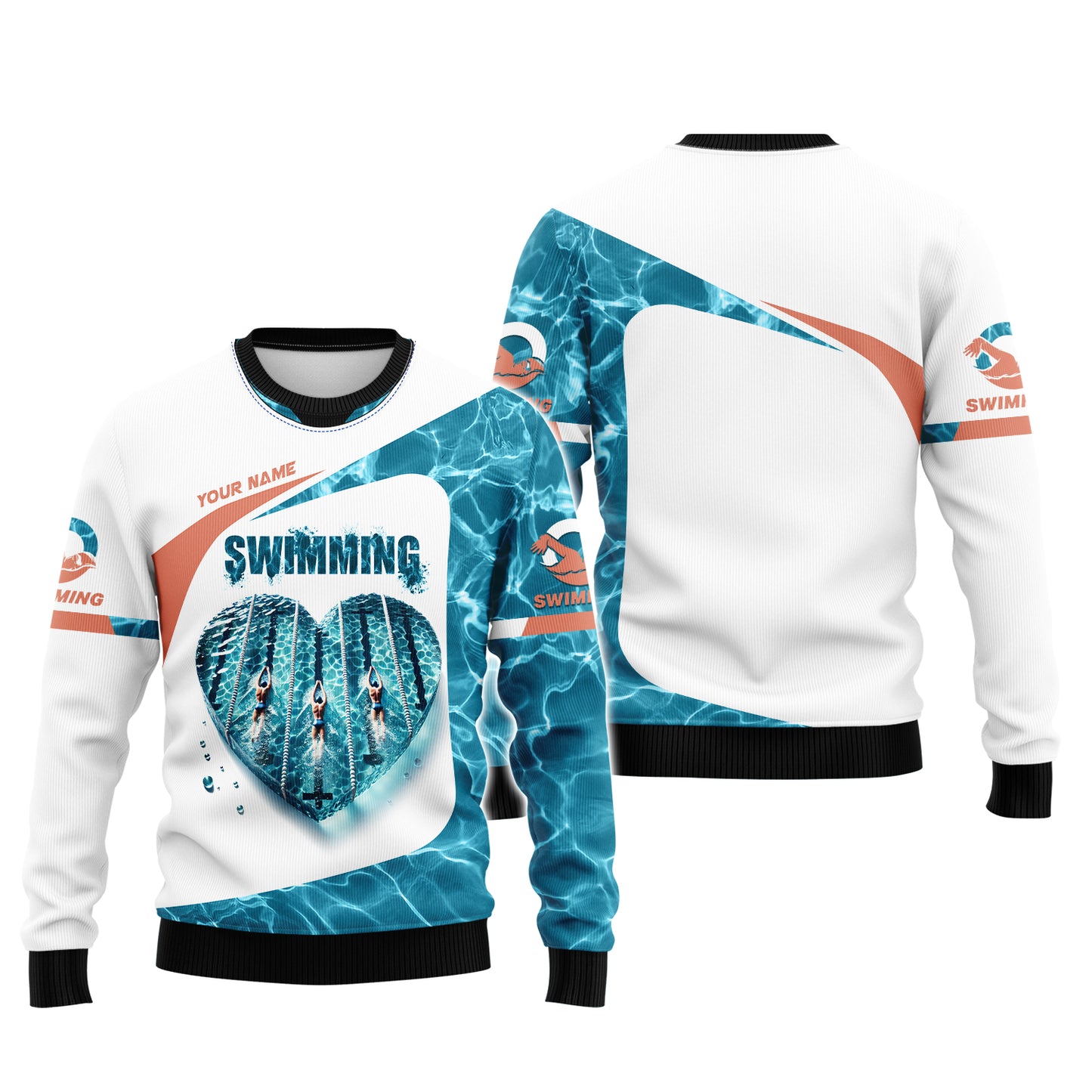 3D Full Print Swimming Heart T-Shirts Personalized Name Gift For Swimming Lovers