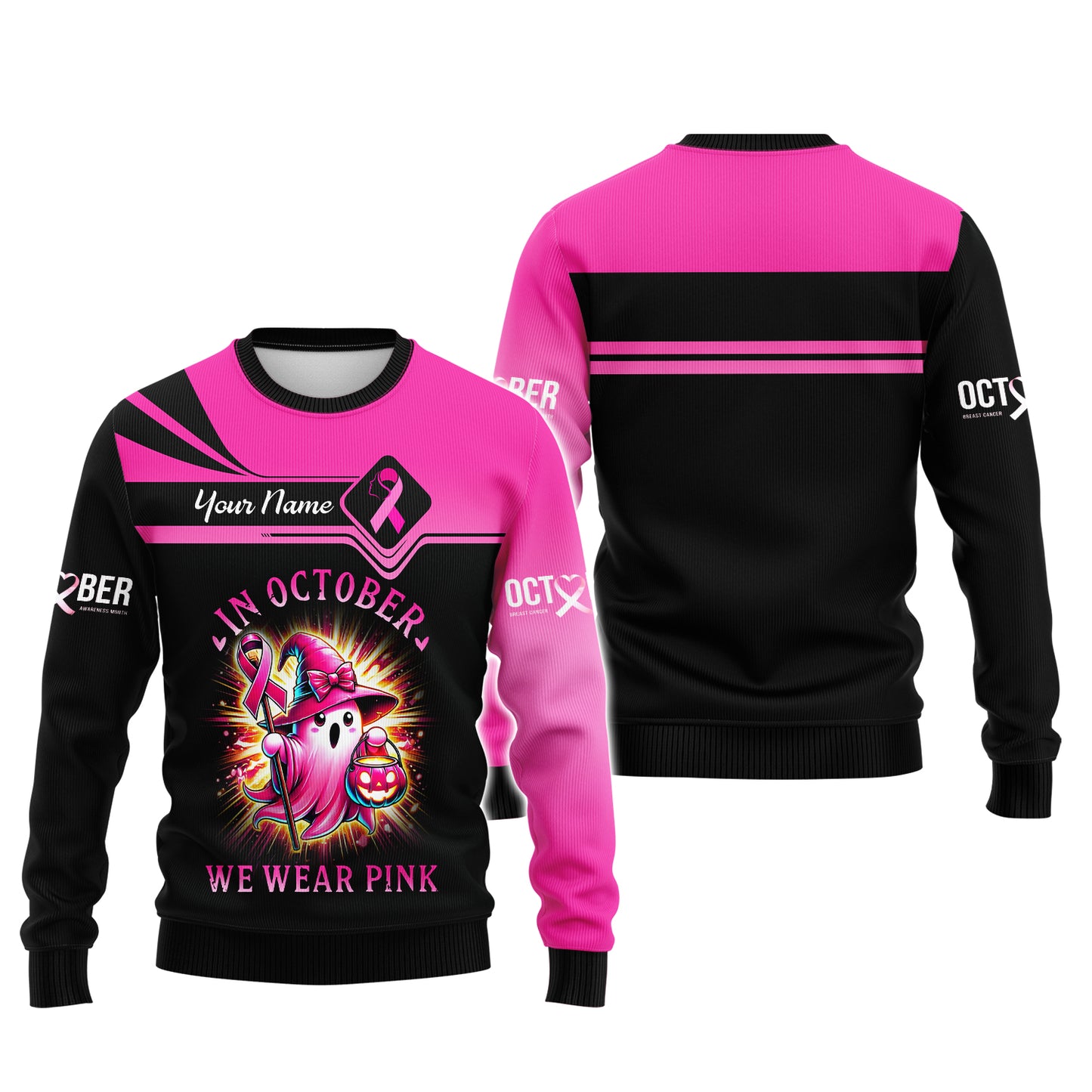 Camisetas con impresión 3D completa "En octubre usamos rosa" Regalo con nombre personalizado para sobrevivientes de cáncer