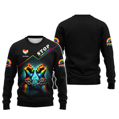 LGBT Pride Custom Name 3D Zipper Hoodie Stop Homophobia Shirt Gift For LGBT Lovers