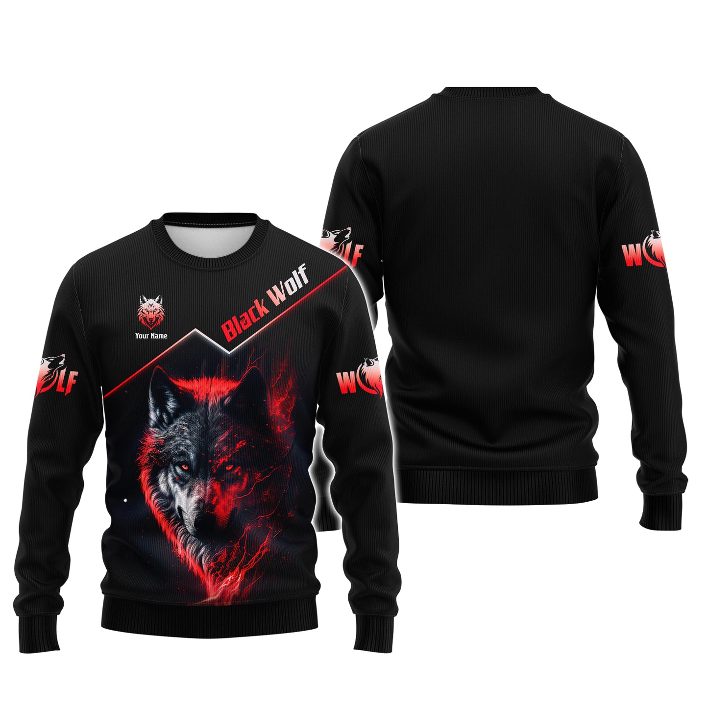 T-shirt 3D personnalisé avec nom de loup noir aux yeux rouges, cadeau pour les amoureux des loups