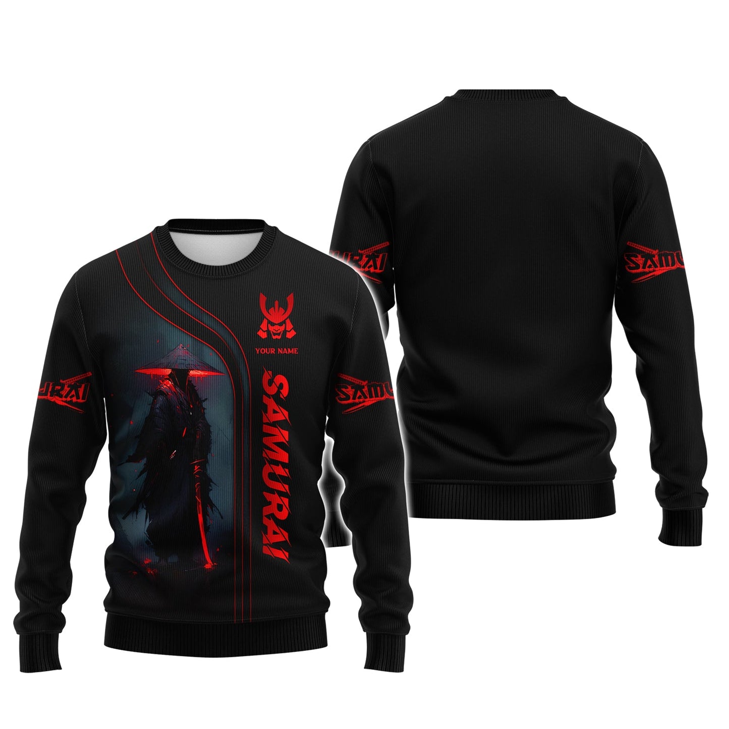 Black & Red Light Samurai Personalized Name 3D Zipper Hoodie Custom Gift For Samurai Lovers