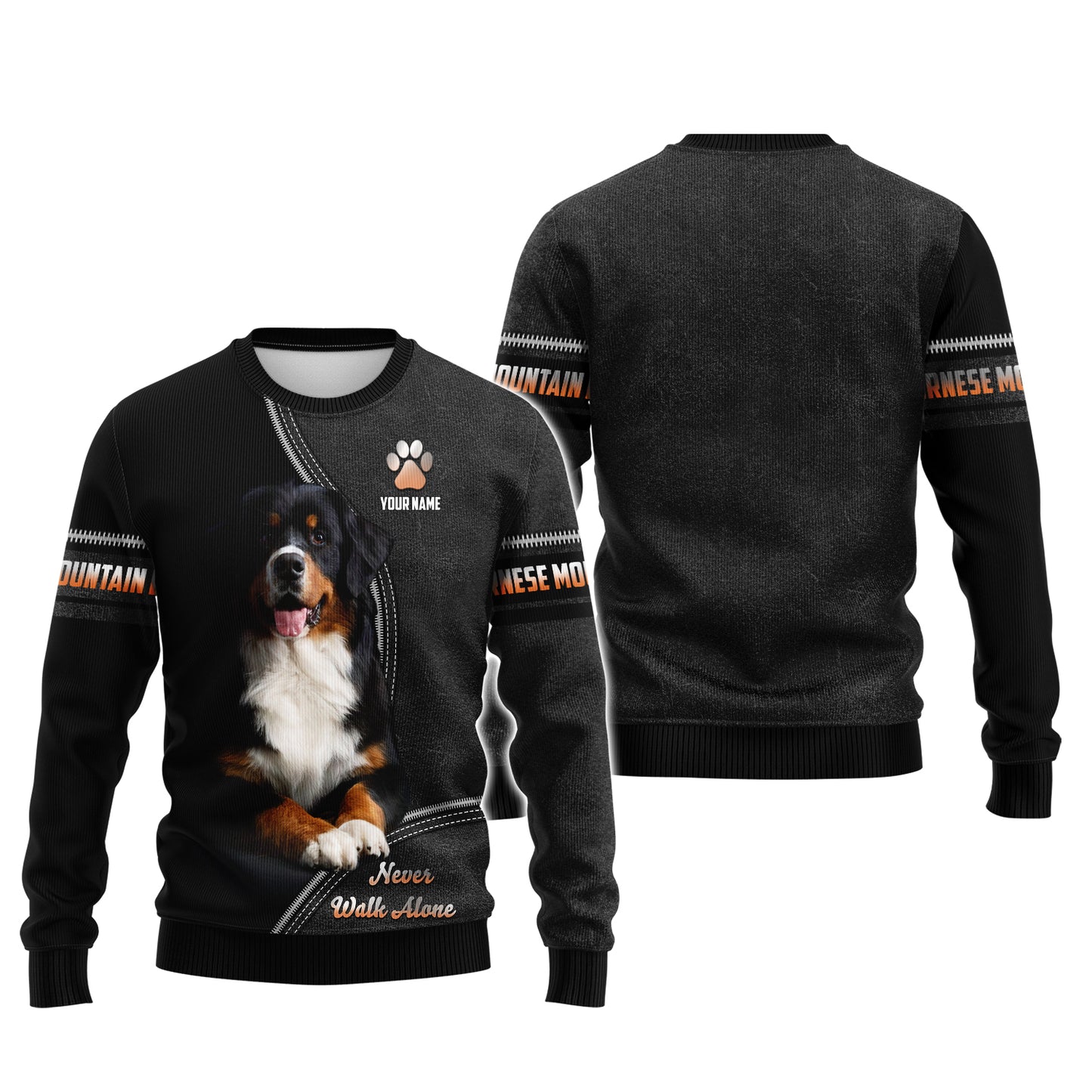 Sweat à capuche zippé avec nom personnalisé Bernese Mountain Never Walk Alone Cadeau pour les amoureux des chiens Chemises 3D