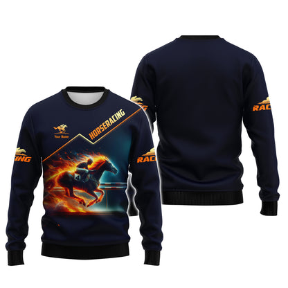 Sweat à capuche zippé avec impression 3D complète et motif de course de chevaux flamboyants, cadeau personnalisé avec nom pour les amateurs de courses de chevaux