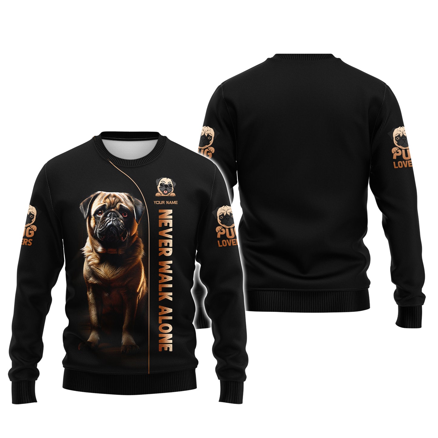 Sweat à capuche zippé avec nom personnalisé pour chien carlin, cadeau pour les amoureux des chiens, ne marchez jamais seul, chemises 3D