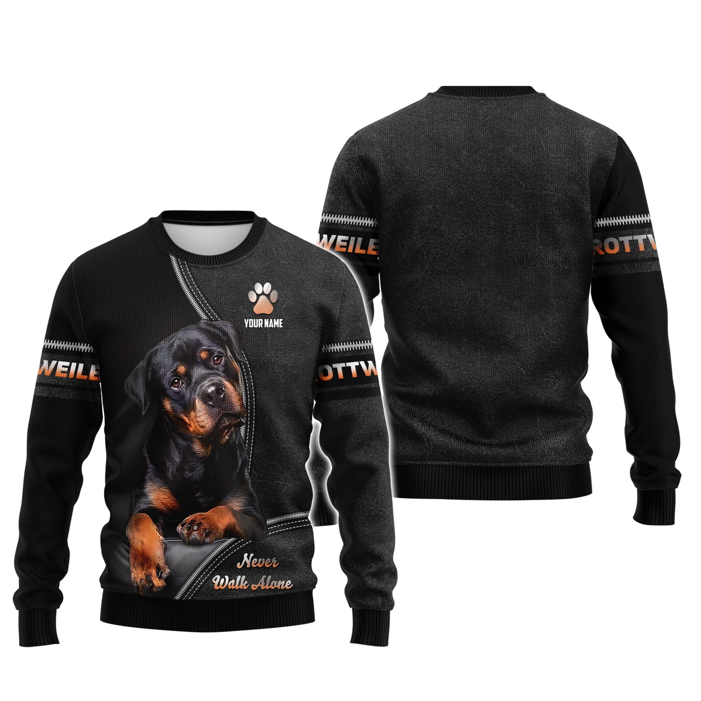 Rottweiler Custom Name Zipper Hoodie Never Walk Alone Gift For Dog Lover 3D Shirts