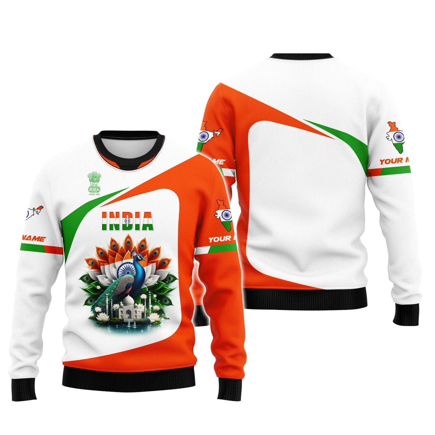 Sudadera con capucha y cremallera con estampado 3D de pavo real y colores de la India, regalo personalizado con nombre para amantes de la India