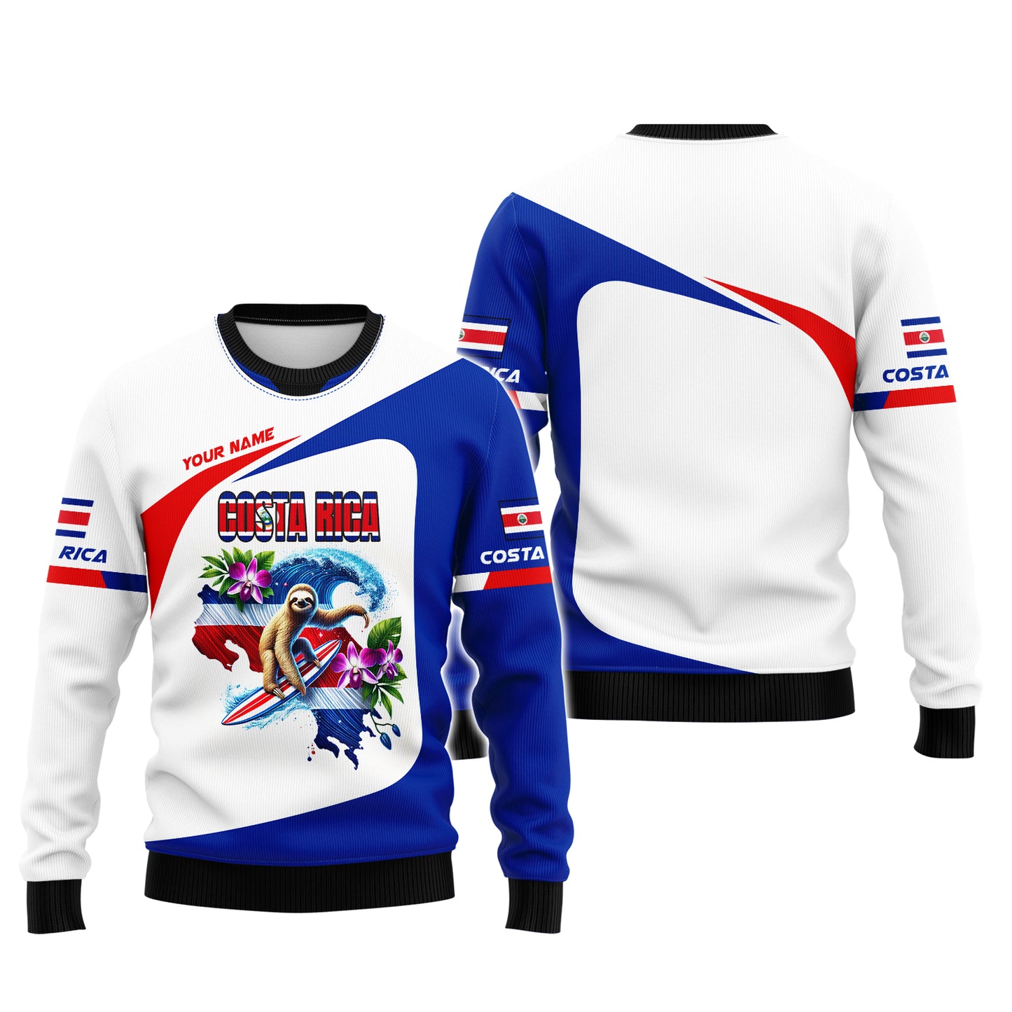 Custom Name 3D T-Shirts Sloth Surfing With Costa Rica Map Shirt Gift For Costa Rica Lovers