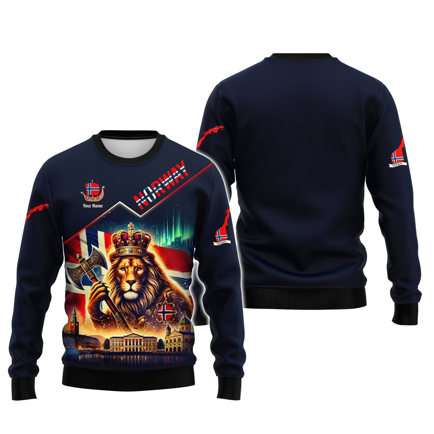 Le Roi Lion avec le drapeau norvégien Nom personnalisé T-shirt 3D Cadeau personnalisé pour les amoureux norvégiens