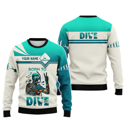 Camiseta personalizada con nombre de buceo en 3D Born To Dive, regalo personalizado para amantes del buceo