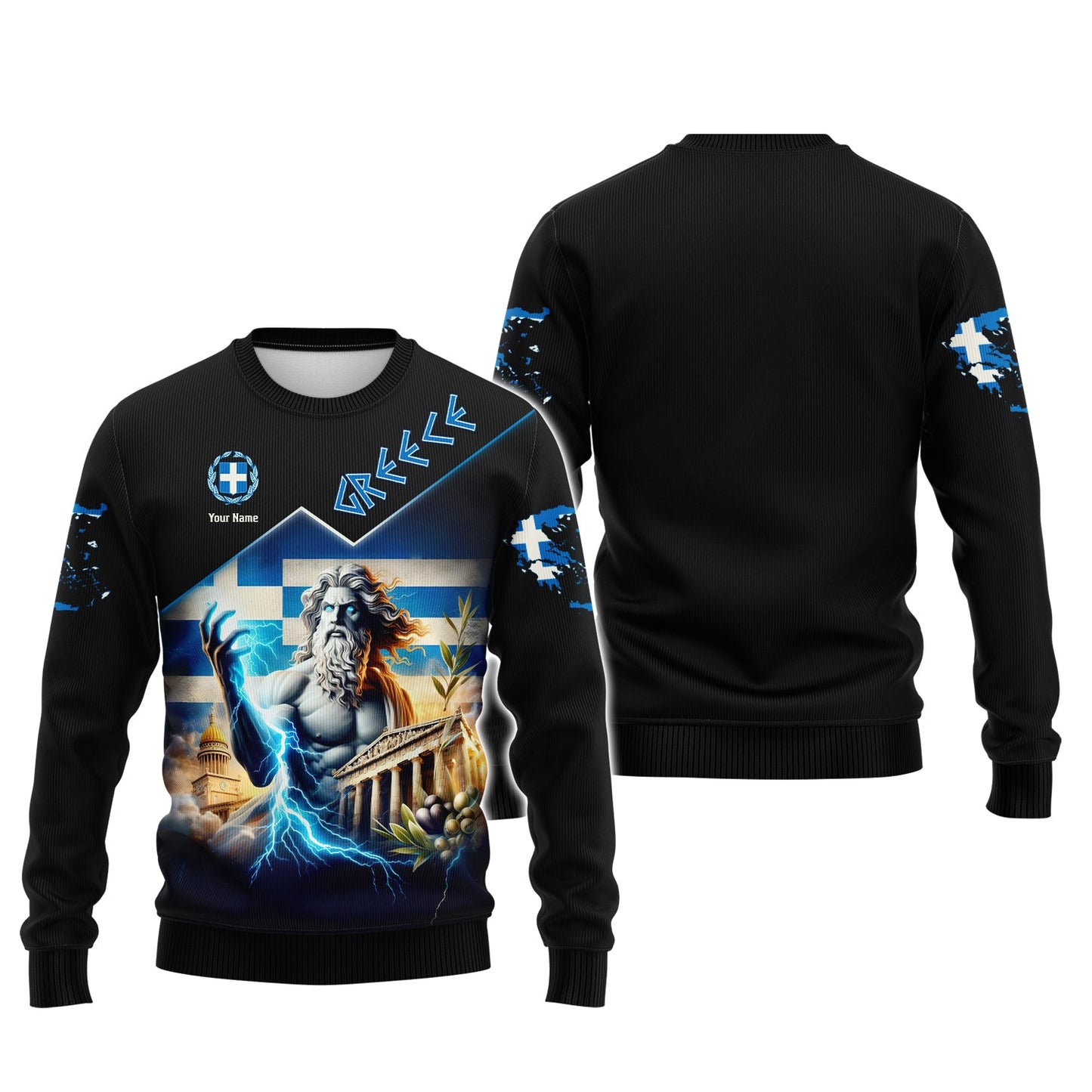 Sudadera con capucha y cremallera con estampado 3D completo de Zeus, Grecia, regalo con nombre personalizado para amantes griegos