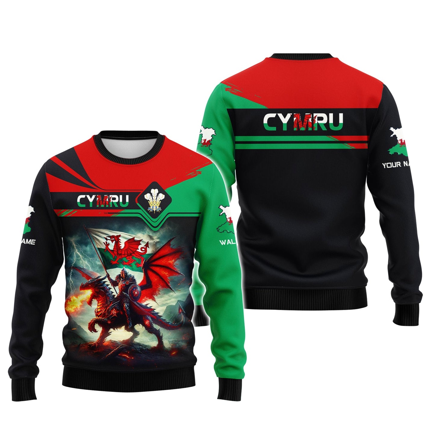 Sweat à capuche zippé 3D avec nom personnalisé Chevalier avec dragon du Pays de Galles Cadeau personnalisé pour les amoureux de CYMRU