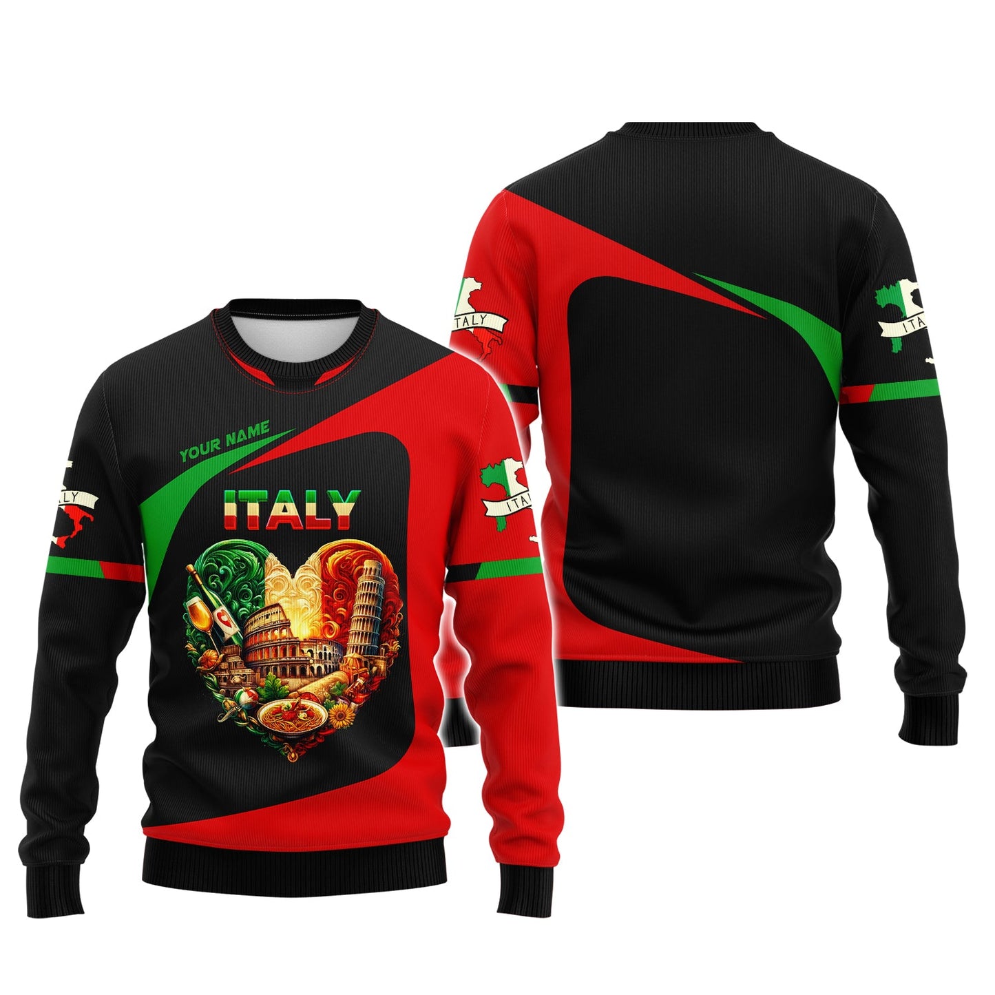 Sudadera con capucha y cremallera 3D con nombre personalizado y corazón de Italia, regalo personalizado para amantes de Italia