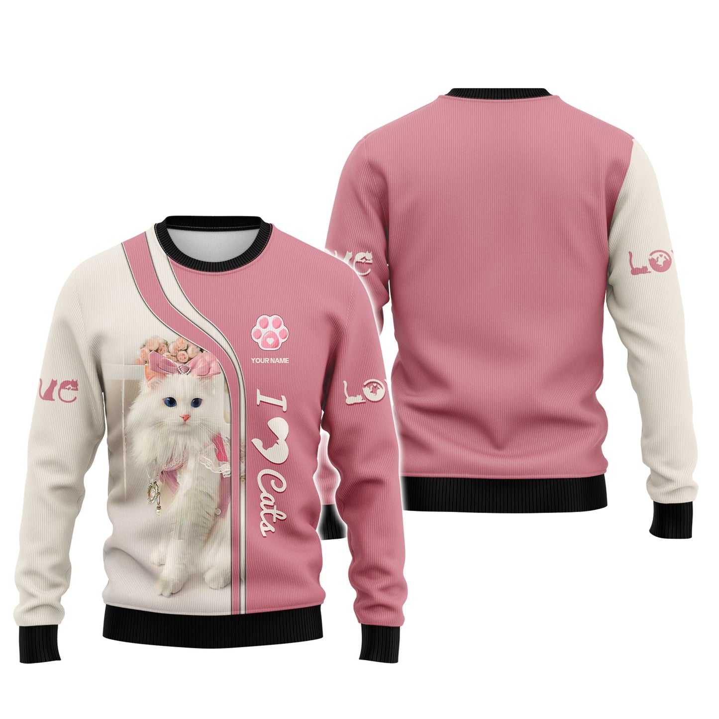 Sudadera con capucha y cremallera con estampado 3D completo de gato lindo, regalo con nombre personalizado para amantes de los gatos